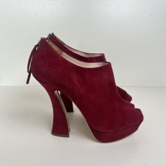 Miu Miu Peep Toe Platform Booties 7 37 Wine Red Suede Funky High Heels Statement - Picture 5 of 12